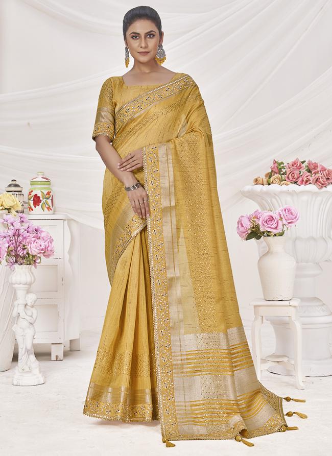 Top Dyed Silk Yellow Party Wear Multi Work Saree